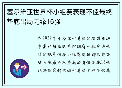 塞尔维亚世界杯小组赛表现不佳最终垫底出局无缘16强 塞尔维亚世界杯小组赛表现不佳最终垫底出局无缘16强